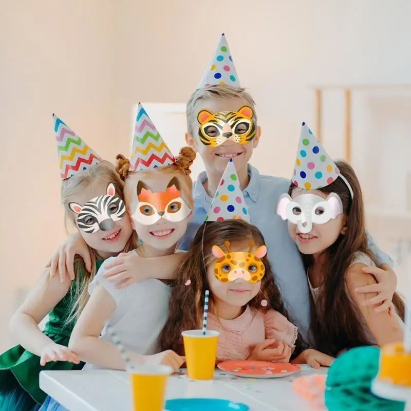 39bd Forest Friend Kids Party Mask 12pieces Set Cardboard Animal Face Mask For Dress Up Fun Halloween Cosplay Party Supplies