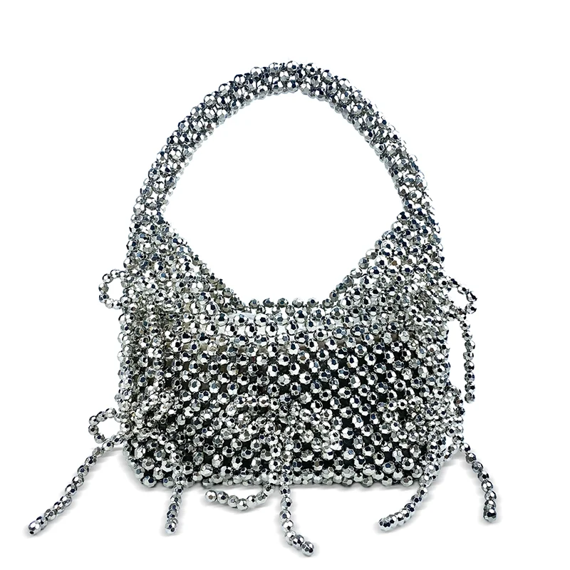 

24 Autumn New Metallic Silver Strap Design Hand Woven Beaded Bag Fashionable Handbag