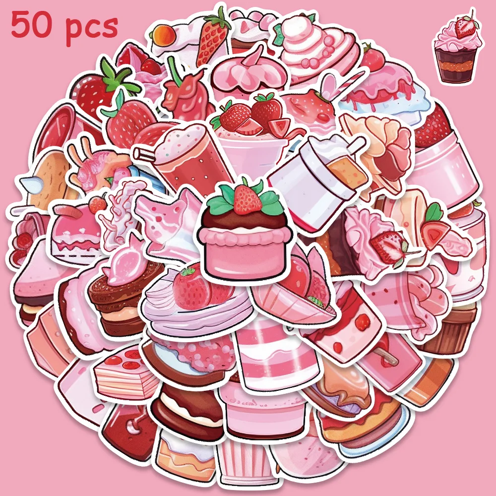 

50 шт. наклеек с клубничным десертом в мультяшном стиле для телефона, чемодана, гитары, ноутбука, DIY-декора (не легко отклеиваются)