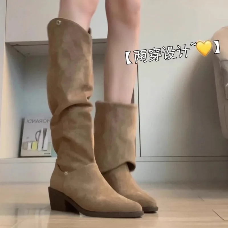 Khaki-Wildleder-Western-Kniestiefel, spitze Zehenpartie, Blockabsatz, umklappbare Manschette, locker geschnittene, geraffte Vintage-Cowboy-Schuhe – Detail 5