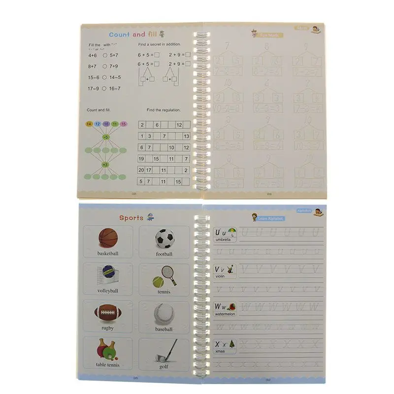 (4 Books and Pens/1 Set) Magic Copybooks Children's Writing Reusable Erasing-Free English Math Drawing Practice Copybooks
