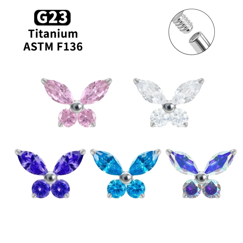 G23 التيتانيوم Labret ثقب 16 جرام موضوع داخلي تشيكوسلوفاكيا فراشة الشفاه ترصيع الزنمة اللولب الغضروف أقراط هيئة ثقب المجوهرات