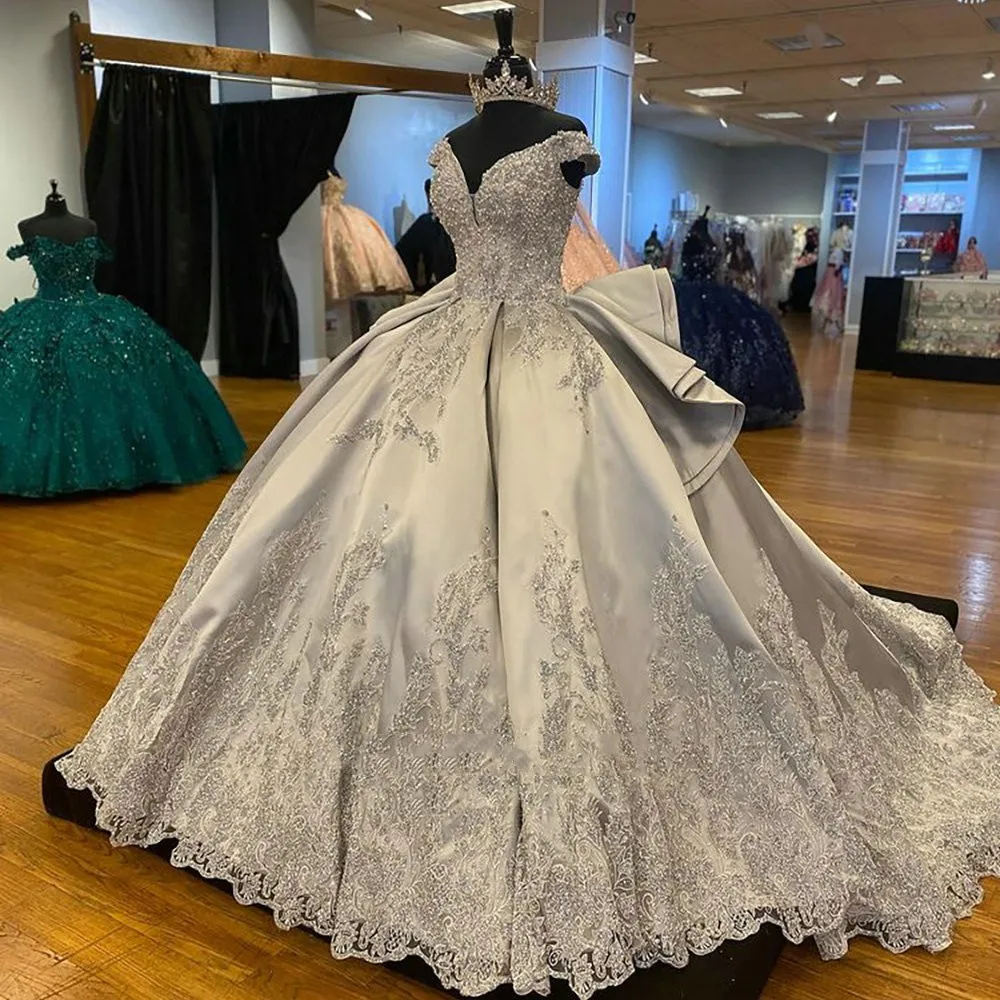 Quinceanera cinza vestidos de baile fora do ombro apliques pérolas inchado mexicano doce 16 vestidos 15 anos