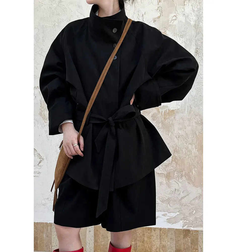 Damski Płaszcz Trencz Jesienny Wysokiej Jakości Stójka Khaki Bawełniany Trencz Femme Casaco Abrigo Streetwear