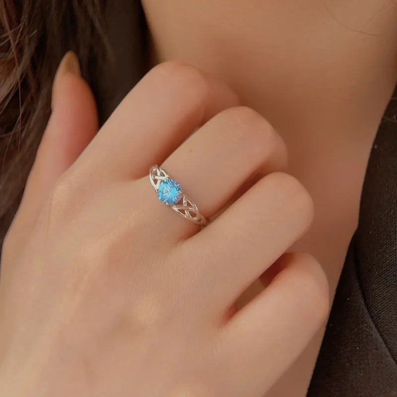 خاتم فضة S925 فاخر أزرق فاتح خاتم ألماس مستدير شخصية أنيقة خاتم نسائي بسيط #4