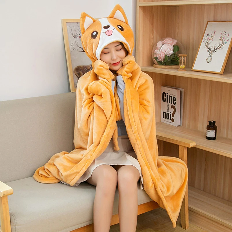 Shawl Cape Hooded Flannel Sweater Lazy Blanket Single Lunch Break Office Nap Blanket Cute Cartoon Animal Chai Dog Hoodies