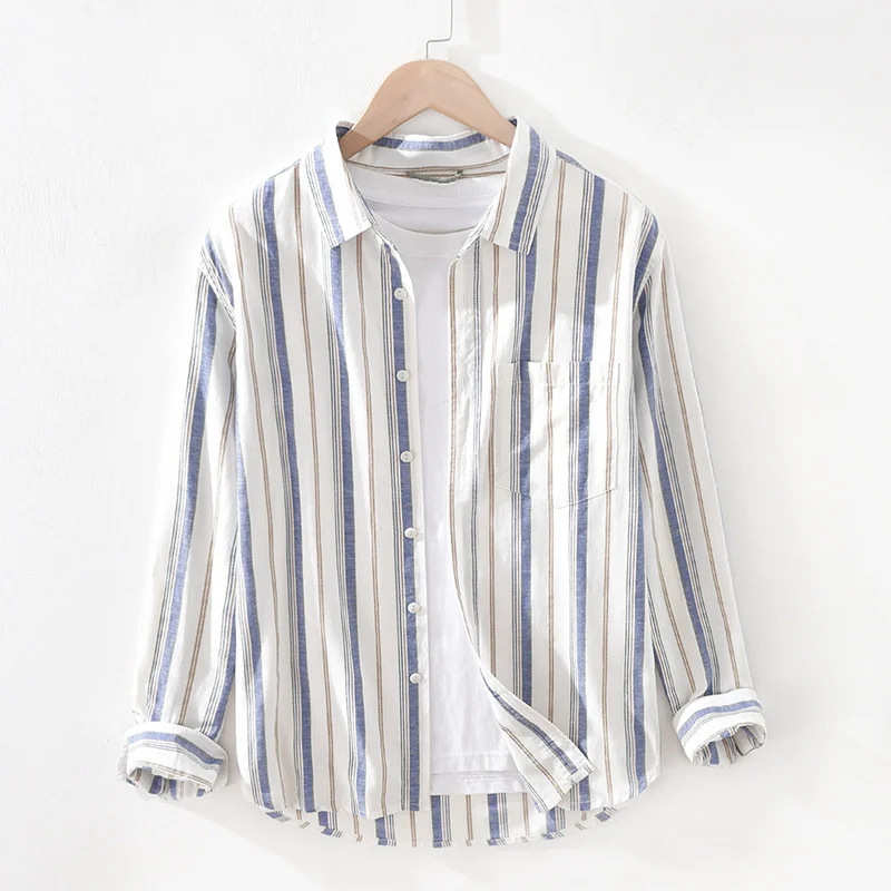 

Japan Style Mens Linen Cotton Shirt Harajuku Long Sleeve Slim Fit Striped Male Casual Breathable Classical Tops