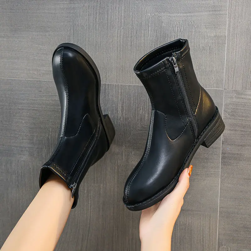 Booties Waterproof Footwear Elegant with Medium Heels White Short Shoes for Women Leather Female Ankle Boots Autumn Boot Chic Pu