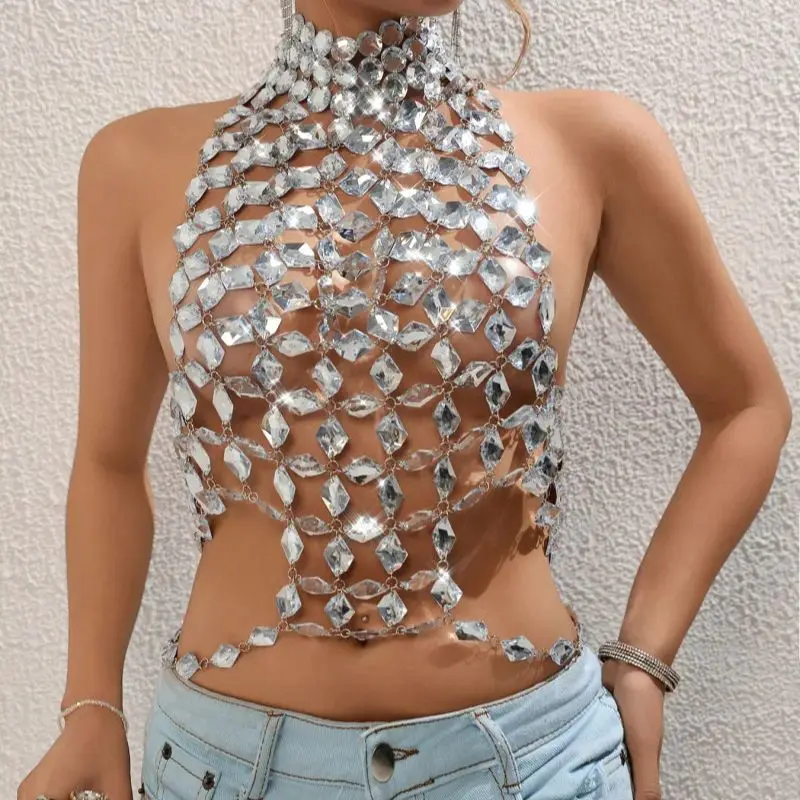 European And American Y2k Colorful Gemstone Necklace, Nightclub Sparkling Openwork Halter Top, Adjustable Layered Body Chain