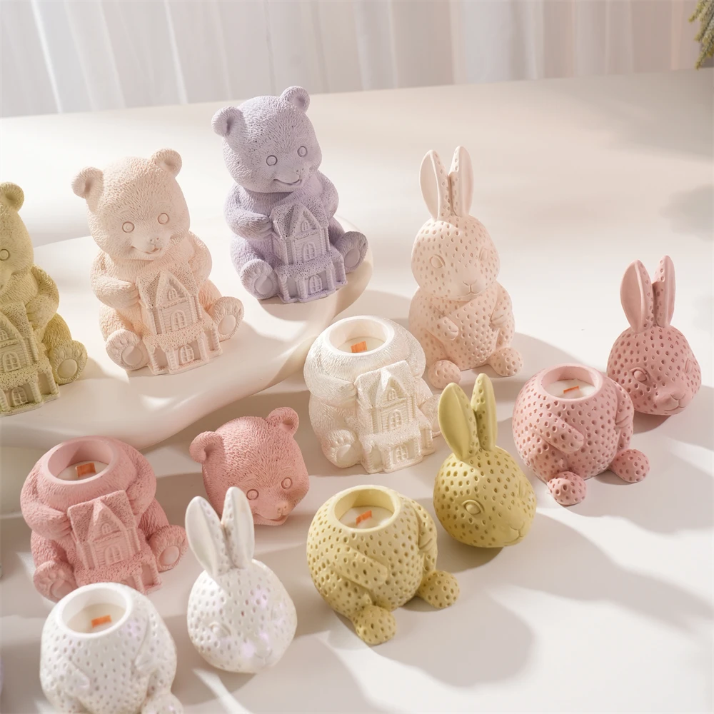 

Bear Hold House Wax Melt Burner Plaster Storage Silicone Mould Easter Bunny Rabbit Candle Jar Concrete Silicone Mold