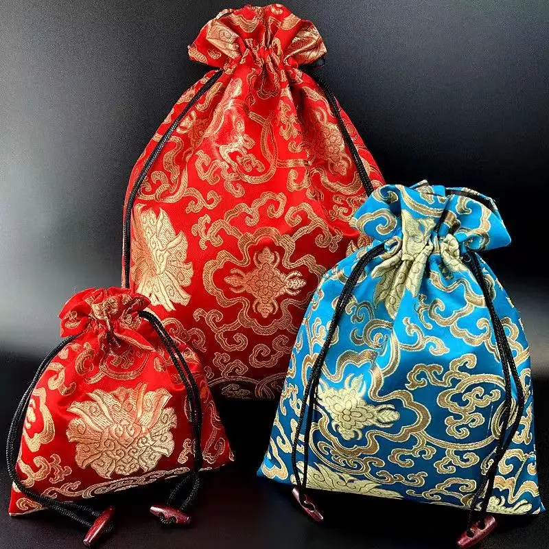 5pcs 3 size Large Silk Brocade Jewelry Drawstring Bags Women Travel Bra Shoe Storage Pouches Candy Crafts Gift Packaging