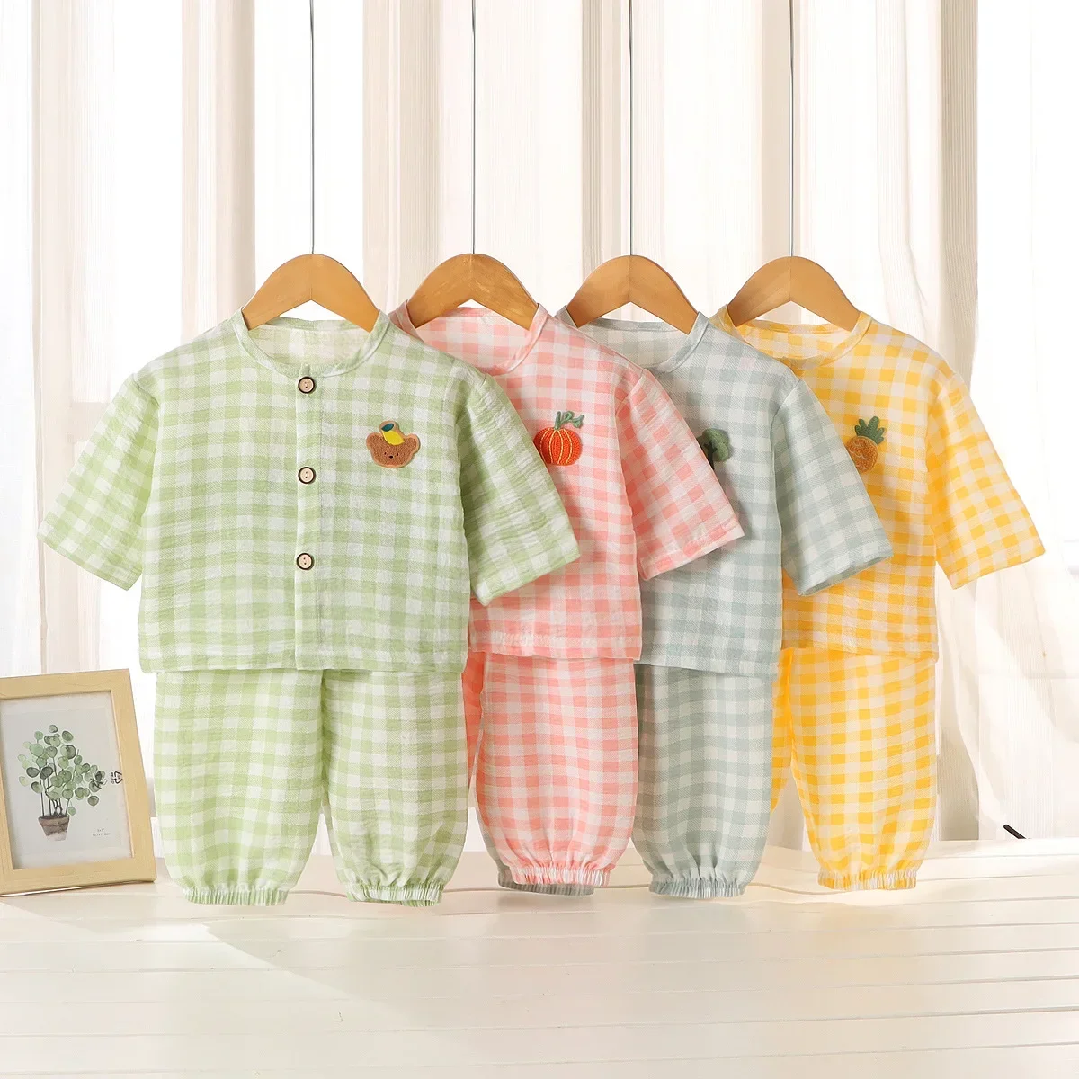 

New 2025 Kids Summer Thin Pajamas Homewear Boys Girls Cute Cartoon Plaid Long Sleeve Pyjamas Casual Sleepwear Clothing Sets