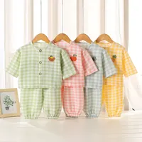 New 2025 Kids Summer Thin Pajamas Homewear Boys Girls Cute Cartoon Plaid Long Sleeve Pyjamas Casual Sleepwear Clothing Sets