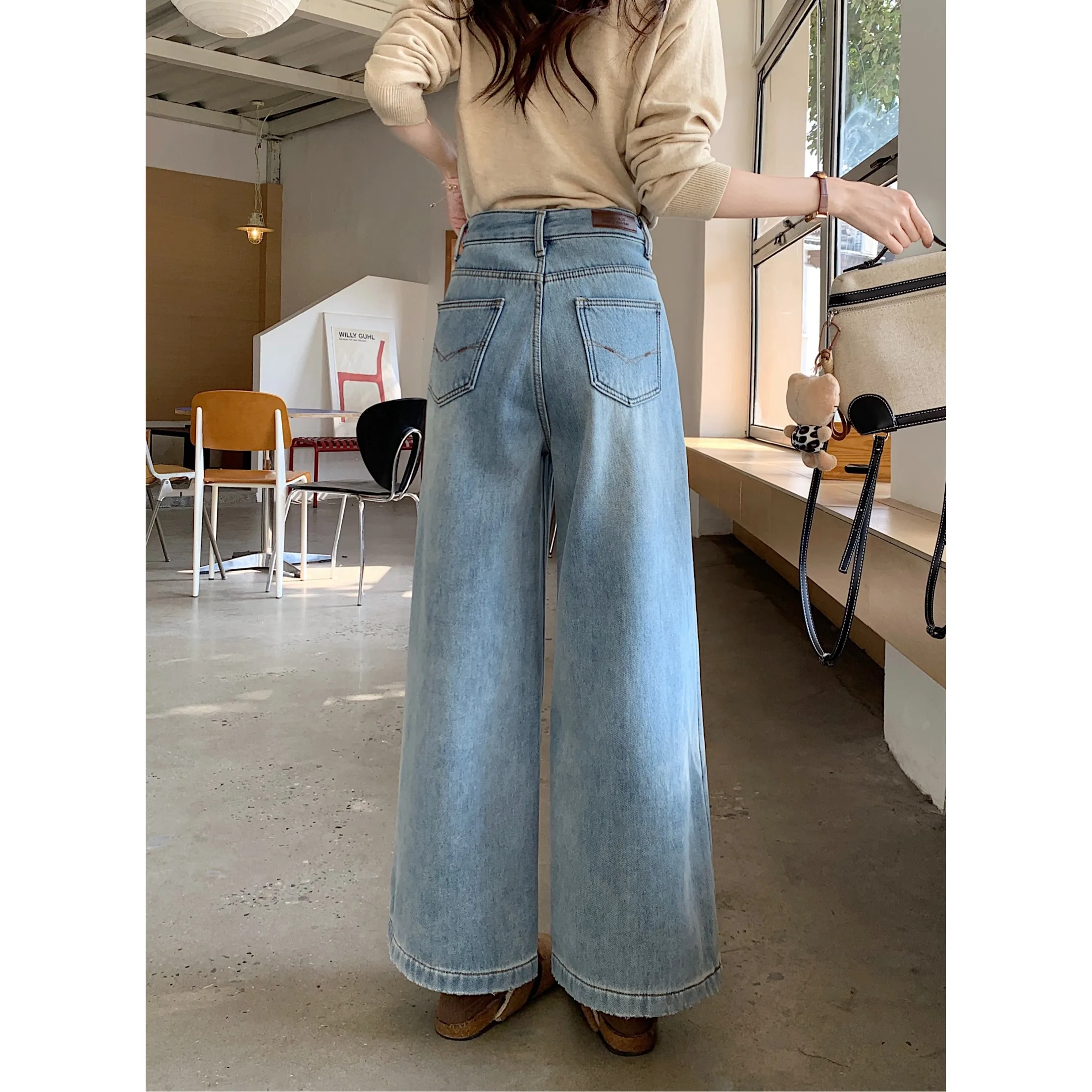 Thiened Fce wijde pijpen jeans dames klein formaat ontwerp vintage getailleerde losse rechte gesneden denim broek woon-werkverkeer casual...