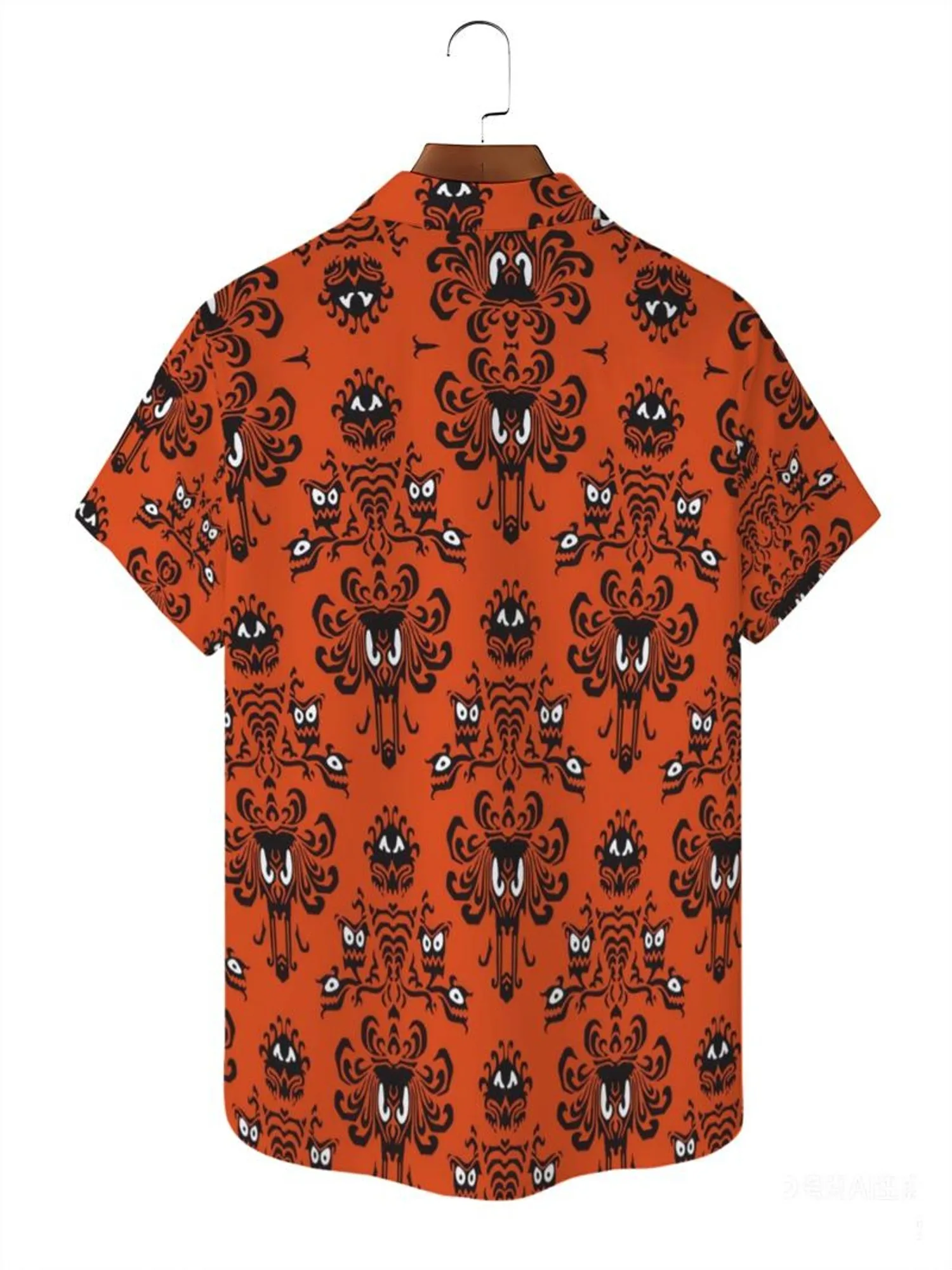 Men Orange Halloween Monster Damask Print Short Sleeve Shirt Lapel Collar Holiday Beach Party Tops