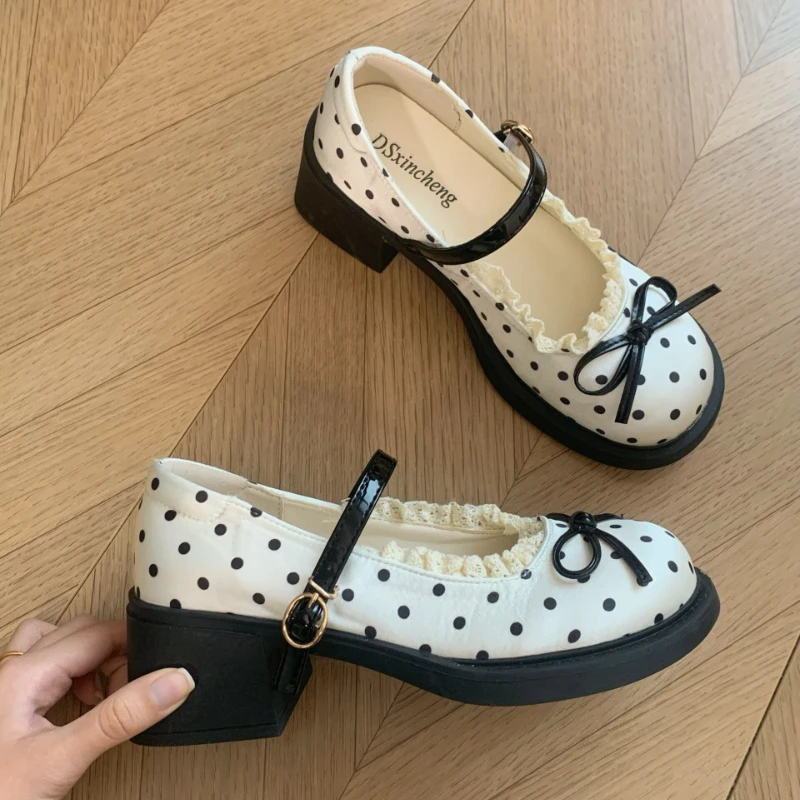 Cute Polka Dot Thick Heel Women Mary Jane Shoes Comfort Shallow Strap Pumps Ladies Eelgant Butterfly-knot Dress Single Shoes