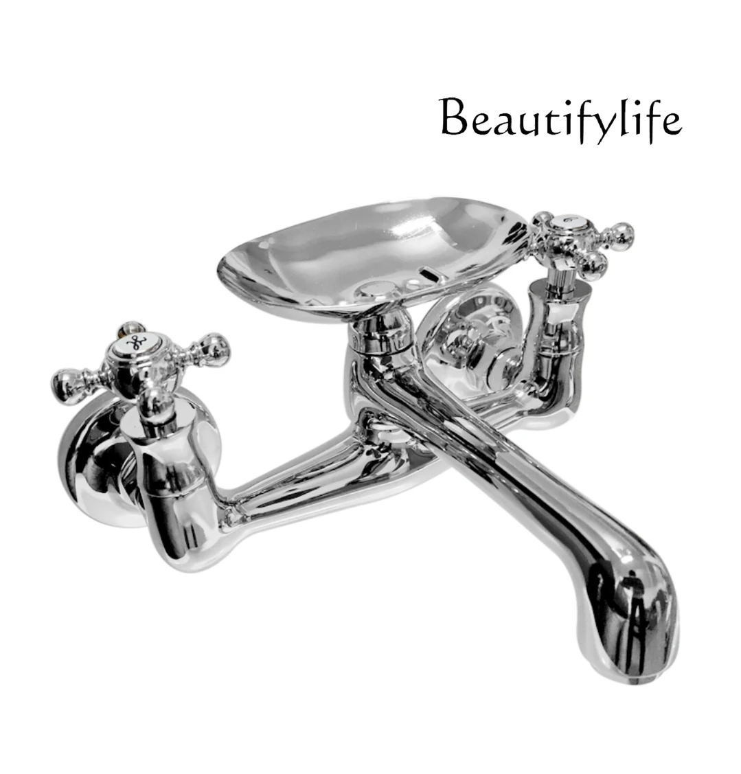 

Bathroom double-hole wall-mounted faucet two-hand wheel adjustable temperature hyperbolic foot with soap dish hanging basin