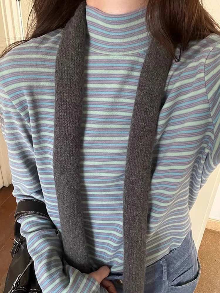 Gestreepte Half Coltrui Vrouwen T-shirt Winter Nieuwe Losse Lange Mouw Warme Basis Tops Y2K Koreaanse Chic Preppy Alle Match Tees Mujer