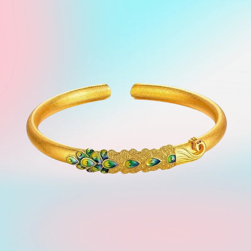 

NEW 9999 real gold 24K yellow gold Women's Peacock Bracelet Ancient Style Burned Blue Enamel Vintage Ethnic Style