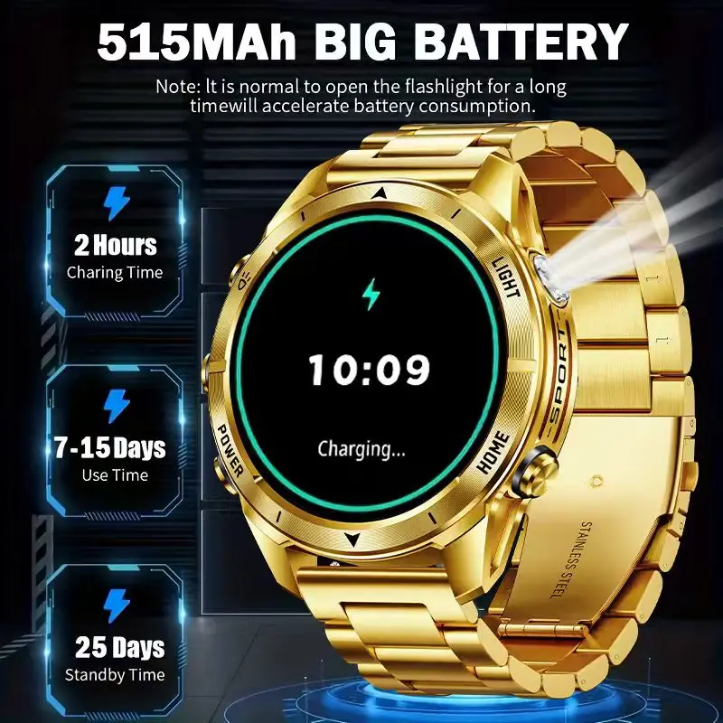 ساعة ذكية ذهبية للرجال: شاشة AMOLED مقاس 1.46 بوصة، مصباح يدوي LED، بطارية 515 مللي أمبير في الساعة، مقاومة للماء 10ATM، ساعة ذكية للاتصال بالبلوتوث #5