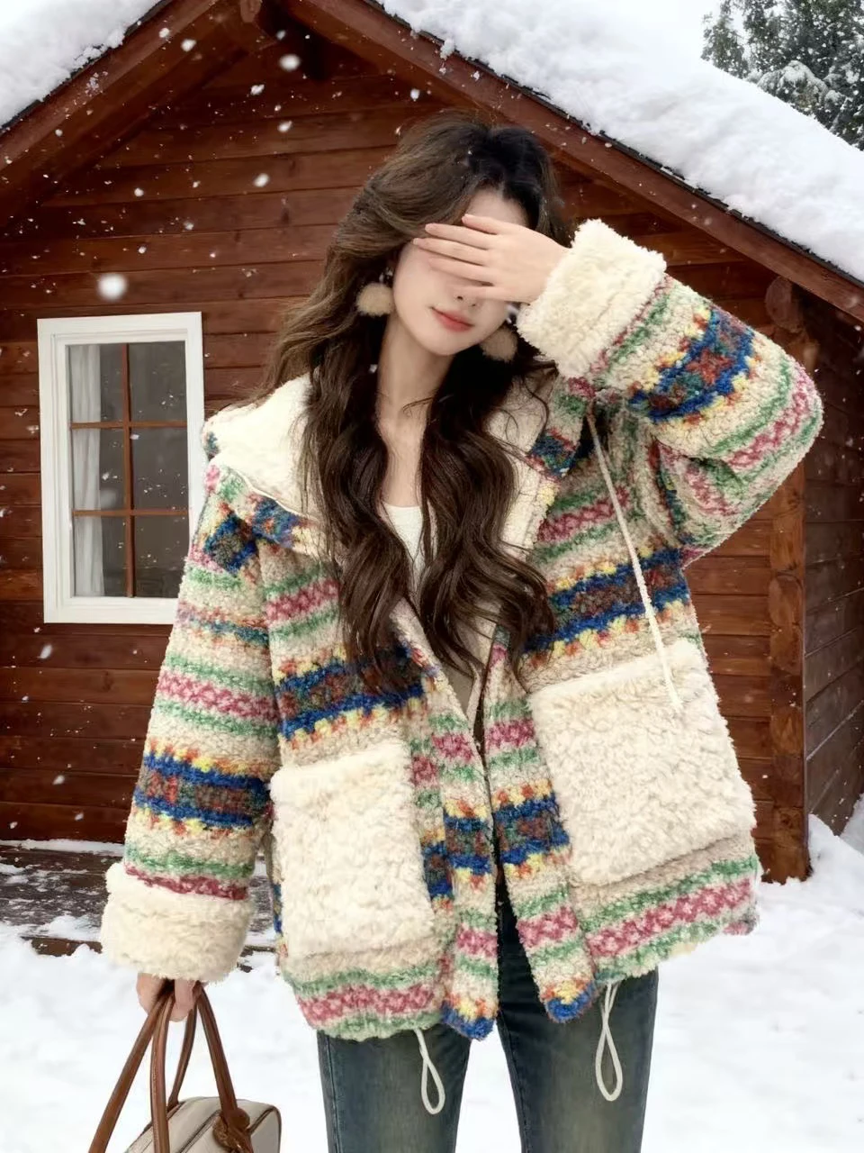 Abrigo de Invierno para Mujer, Estilo Retro Geométrico, de Piel de Cordero o Chaqueta, Cálido, de Doble Cara, de Algodón, Estilo Coreano, Holgado