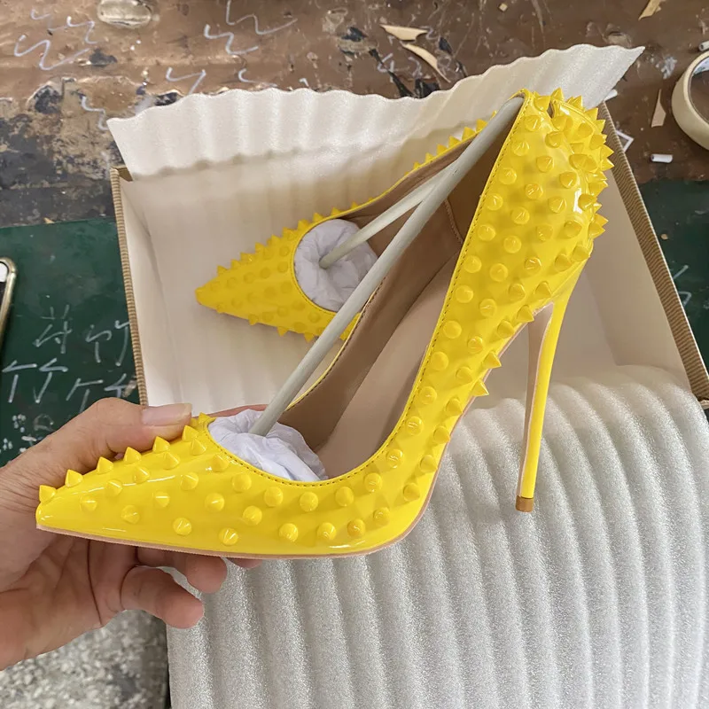 Tikicup Yellow Full Spikes Women Pointy Toe Stiletto High Heels Size 33-46 Punk Rivets Slip On Pumps Sexy Ladies Party Shoes