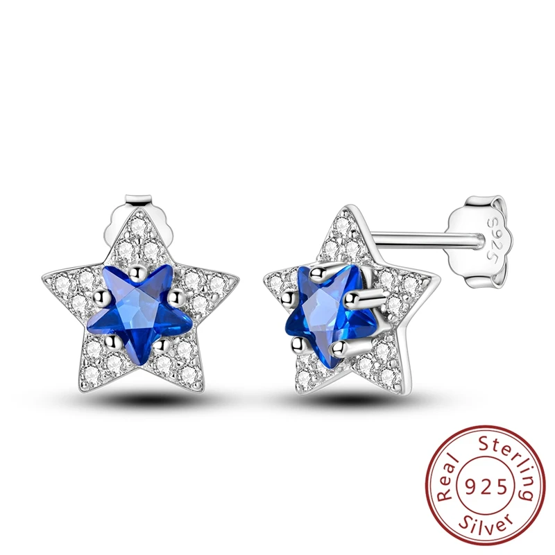 

Glittering 100% 925 Sterling Silver Shining Blue Star Stud Earrings For Women Anniversary Party Gift Fine Jewelry