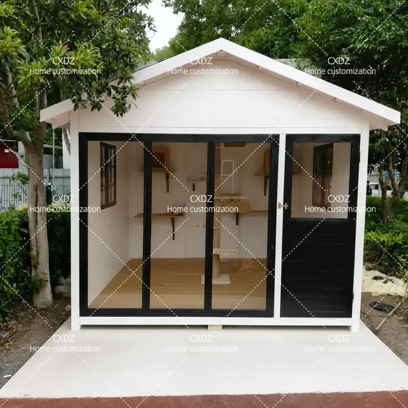 Large Outdoor Panoramic Cat Villa Custom All Solid Wood Glass Pet House Rain Sun Protection Courtyard Wooden Cat Room