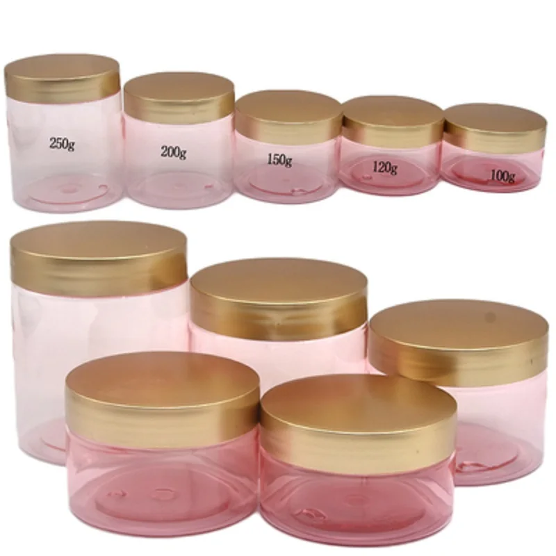 Packing Empty Clear Pink Plastic Bottle Jar Gold Lid With White Pad 100G 120G 150G 200G 250G Portable Refillable Container 20Pcs