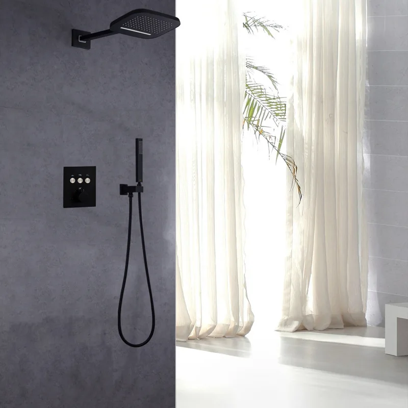 Black concealed shower set bathroom button three-function constant temperature rain waterfall