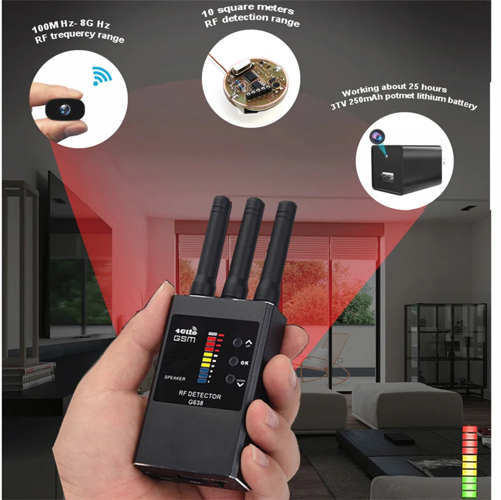 G638 Detector de señal RF inalámbrico antiespía, rastreador GPS GSM, cámara oculta, dispositivo de escucha, versión profesional militar