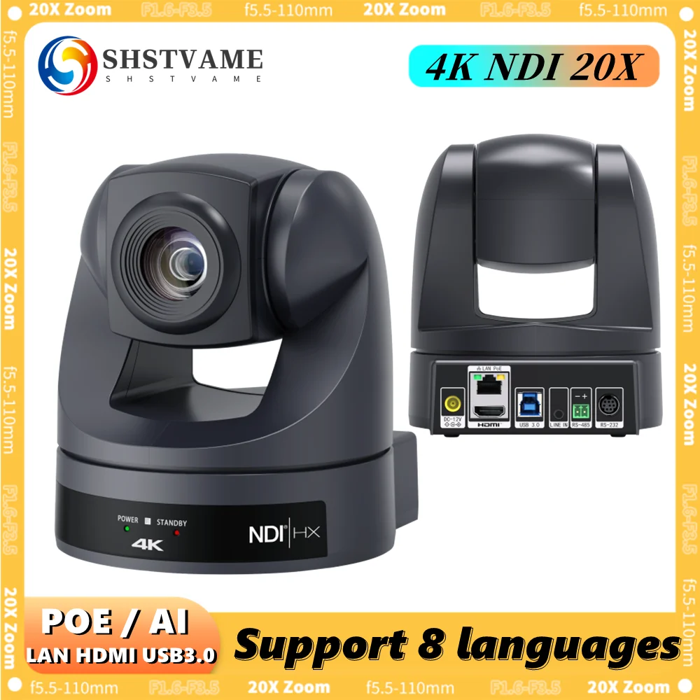 

4K NDI PTZ-камера для конференций с AI-отслеживанием, LAN, PoE, USB, HDMI, 20-кратным оптическим зумом, 8 языками, для церкви, сцены, медицины, трансляций, прямых эфиров