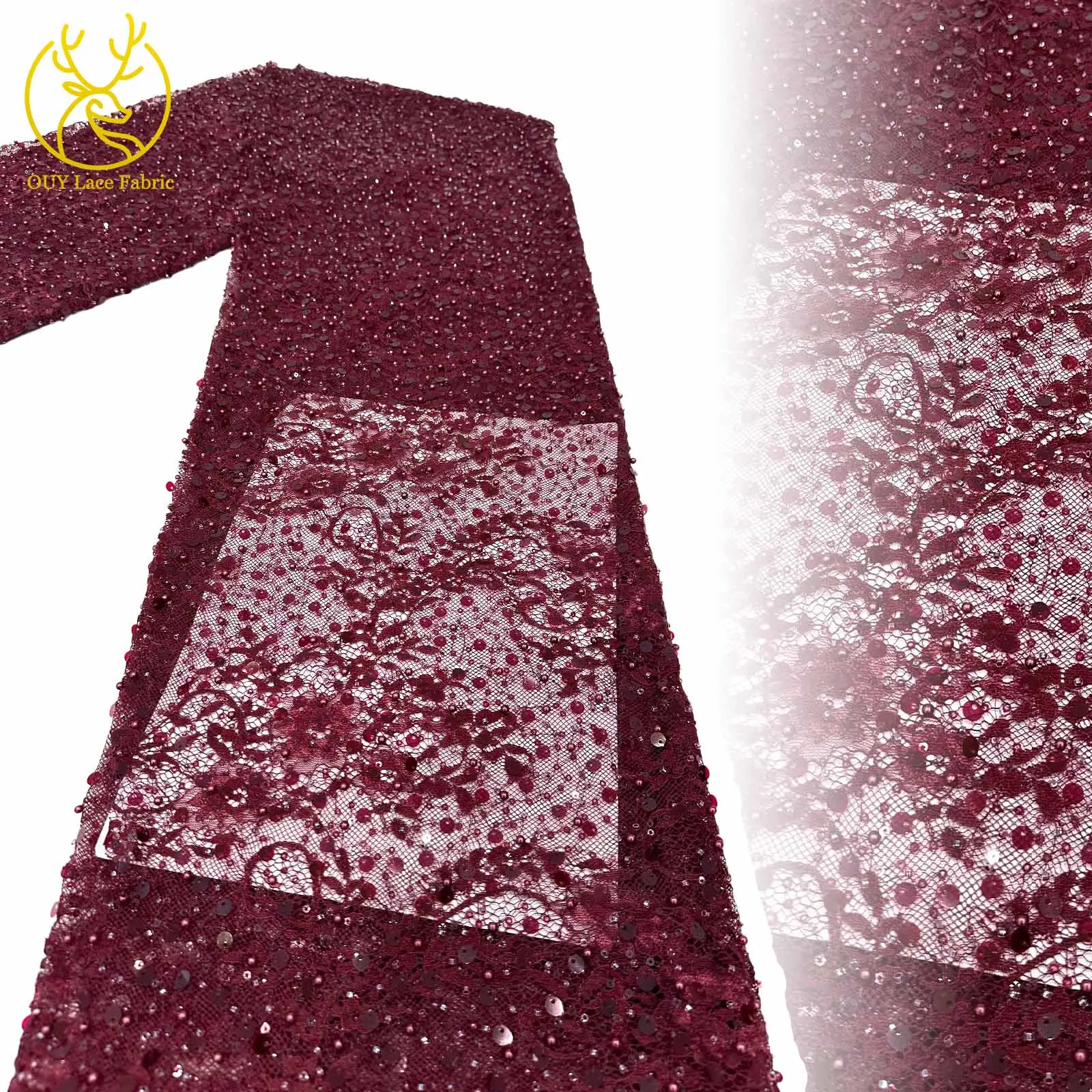 

African French Tulle Sequins Beaded Lace 5 yards Nigerian Embroidered Lace Fabrics For Ladies Party Wedding Dresses Sewing