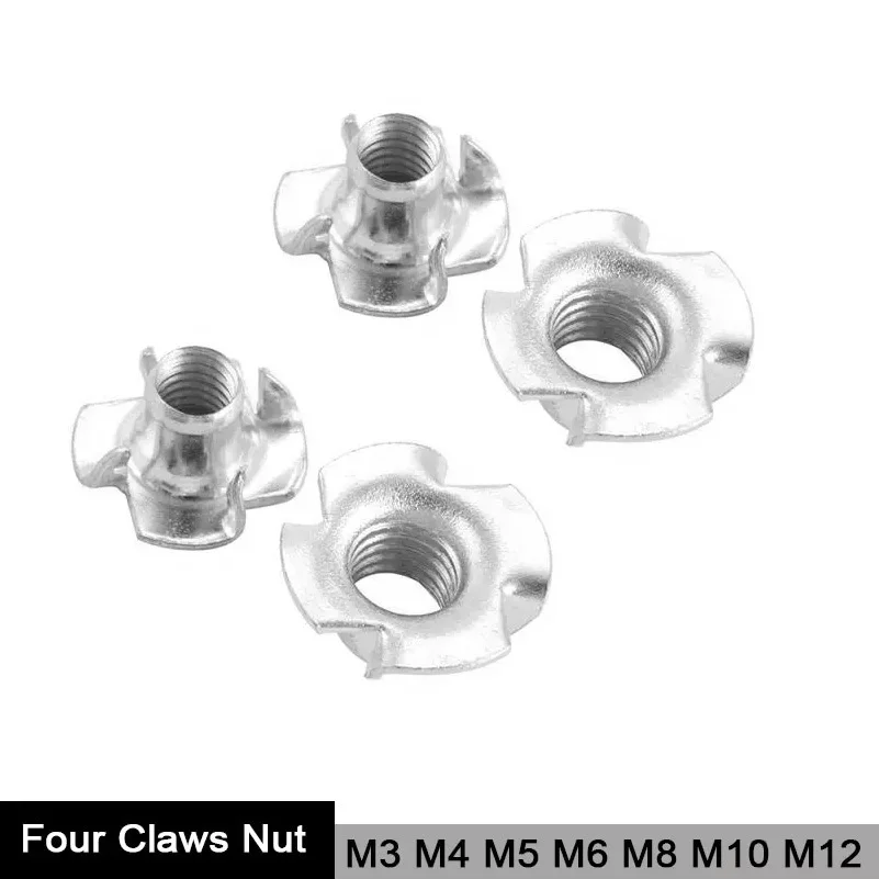 50/100Pcs M3 M4 M5 M6 M8 M10 M12 Four Claws Nut Speaker T-nut Blind Pronged Insert Tee Nut Four-Point Impact Nuts Furniture Hard