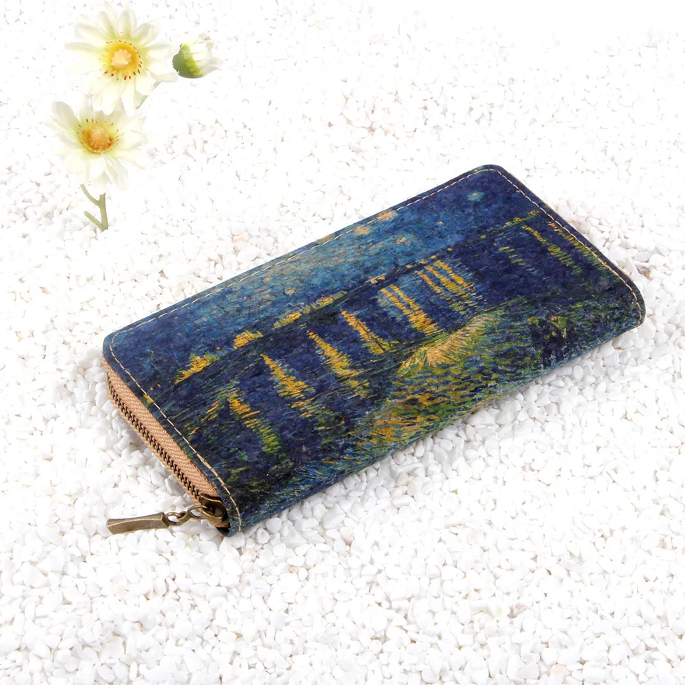 Classic Oil Painting Theme Long Wallet, Starry Sky Pattern Clutch Coin Purse, Retro Ultra-light Cork Texture Credit Card Holder