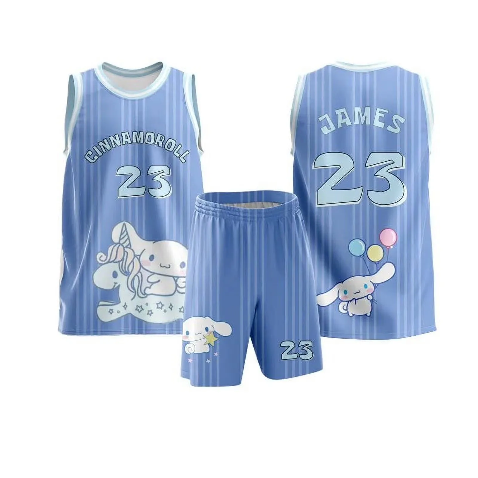 

Комплект баскетбольного трикотажа Sanrio Cinnamoroll с принтом для взрослых и детей, футболка без рукавов и шорты, летний быстросохнущий легкий вес