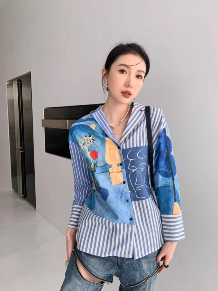 Korobov New Vintage Blouses Oil Print Patchwork Striped Asymmetrical Tops Mujer Long Sleeve Shirts for Women Camisas E Blusas