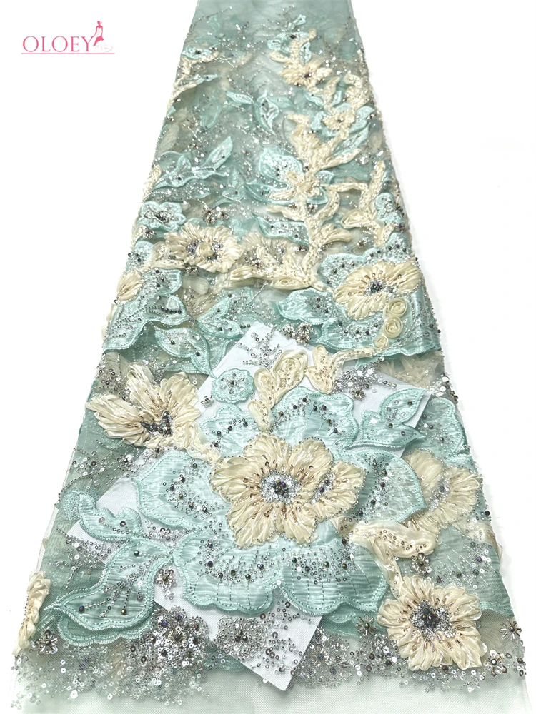 OLOEY 3D Floral African Beaded Lace Fabric 2026 High-Quality Nigerian French Sequined Lace Suitable for Women's Wedding Party Dr