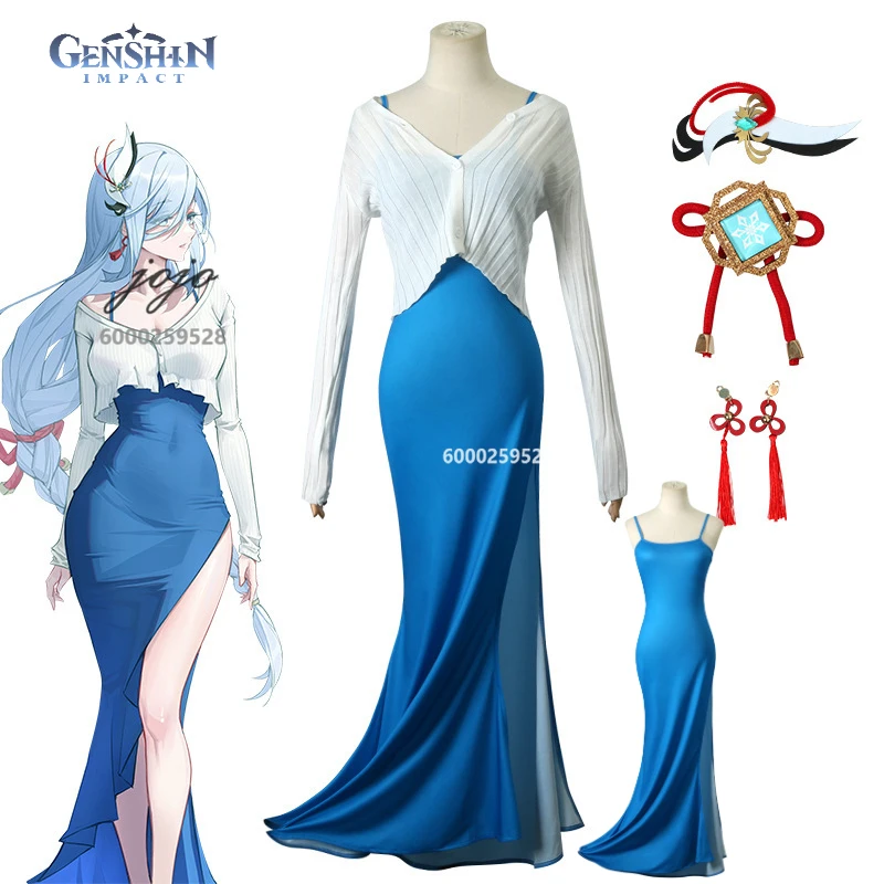 

Game Genshin Impact Shenhe Cosplay Costume Strappy Long Dress and Knitted Cardigan Set Anime Role Play Halloween Party Comic Con