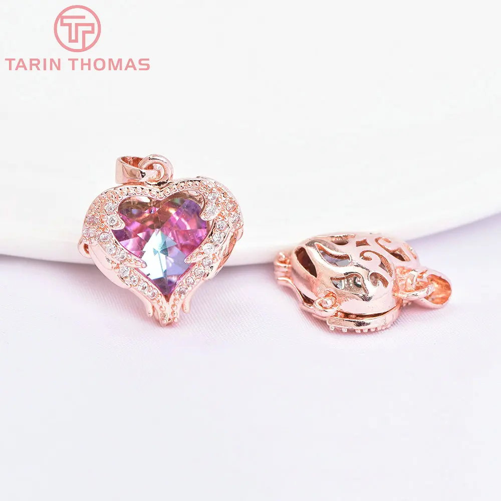 (6865) 4PCS 16x17MM 24K Gold Color Brass with Zircon Heart Charms Pendants High Quality DIY Jewelry Making Findings Wholesale