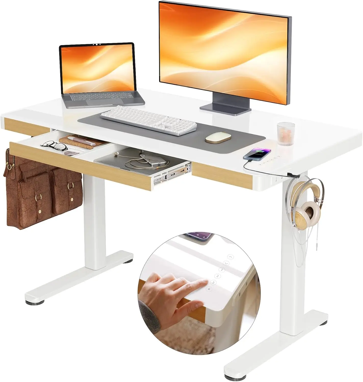 

Стеклянный стол с сенсорным экраном, ящиками и USB-портами, регулируемый стол-подставка 48 × 24 дюйма, быстрая установка для домашнего офиса Glas