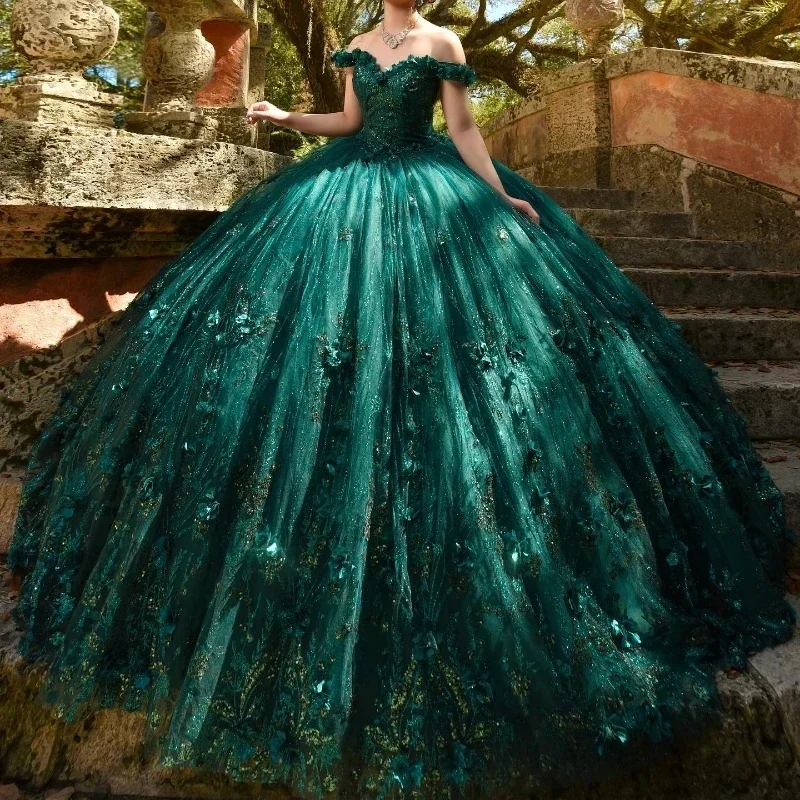 

Изумрудно-зеленое блестящее бальное платье Quinceanera Платье с открытыми плечами и кружевом 3D цветами из бисера Sweet 16 Платье на шнуровке Vestidos De 15 Años