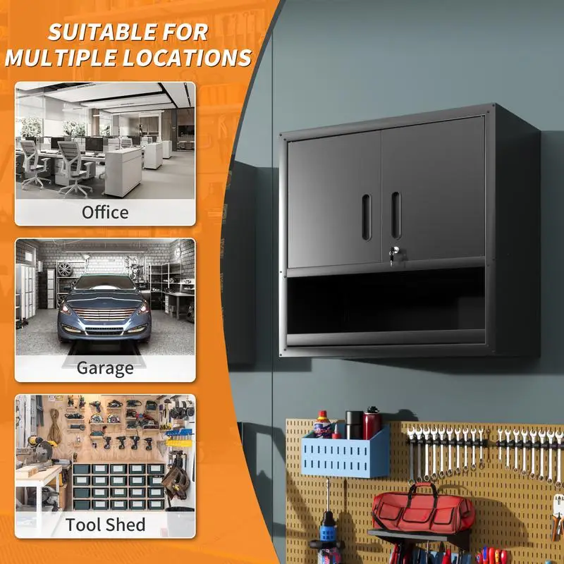 Armadietto portautensili in metallo a parete con anta con chiusura, 1 ripiano e 1 cassetto per garage e ufficio, assemblaggio richiesto