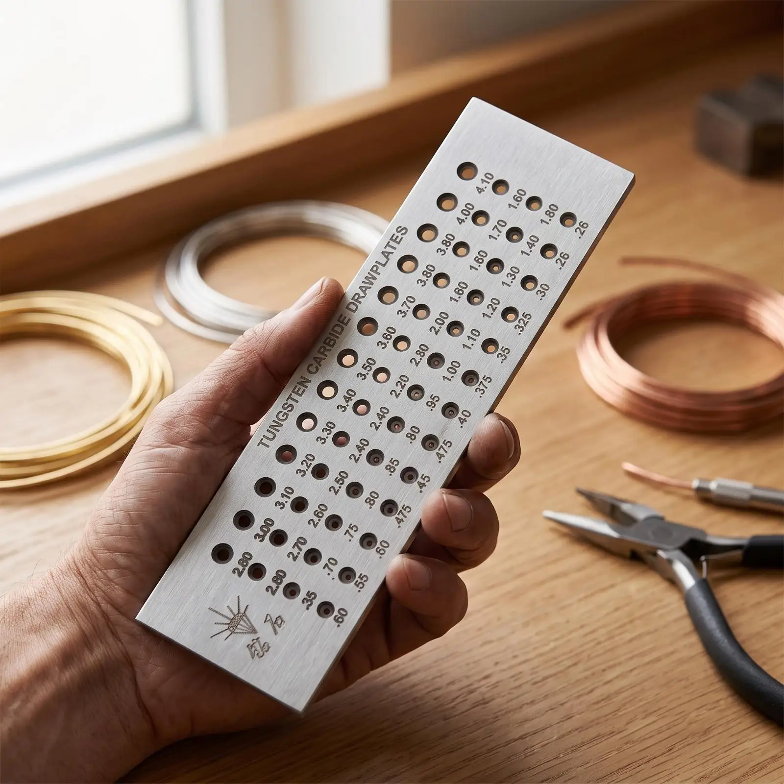 タングステンカーバイド製ワイヤー引き出しプレート、ジュエリー製作・金属加工用ツール（サイズ刻印あり）