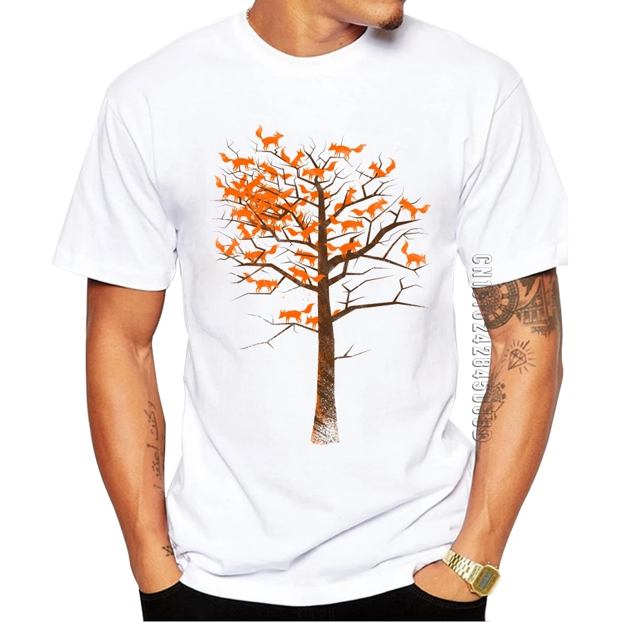 Fashion Blazing Fox Tree Design Men T shirt 100% Cotton t-shirt Hipster Foxes Cartoon Printed tees Cool Tops