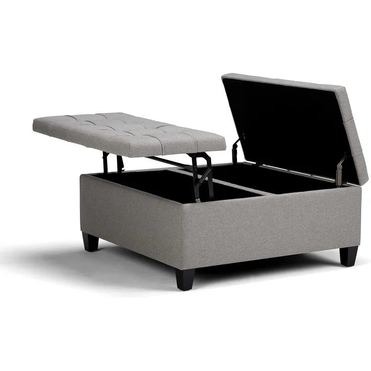 Harrison 36 inch Wide Transitional Square Coffee Table Storage Ottoman in Dove Grey Linen Look Fabric, Assembled, for the Living