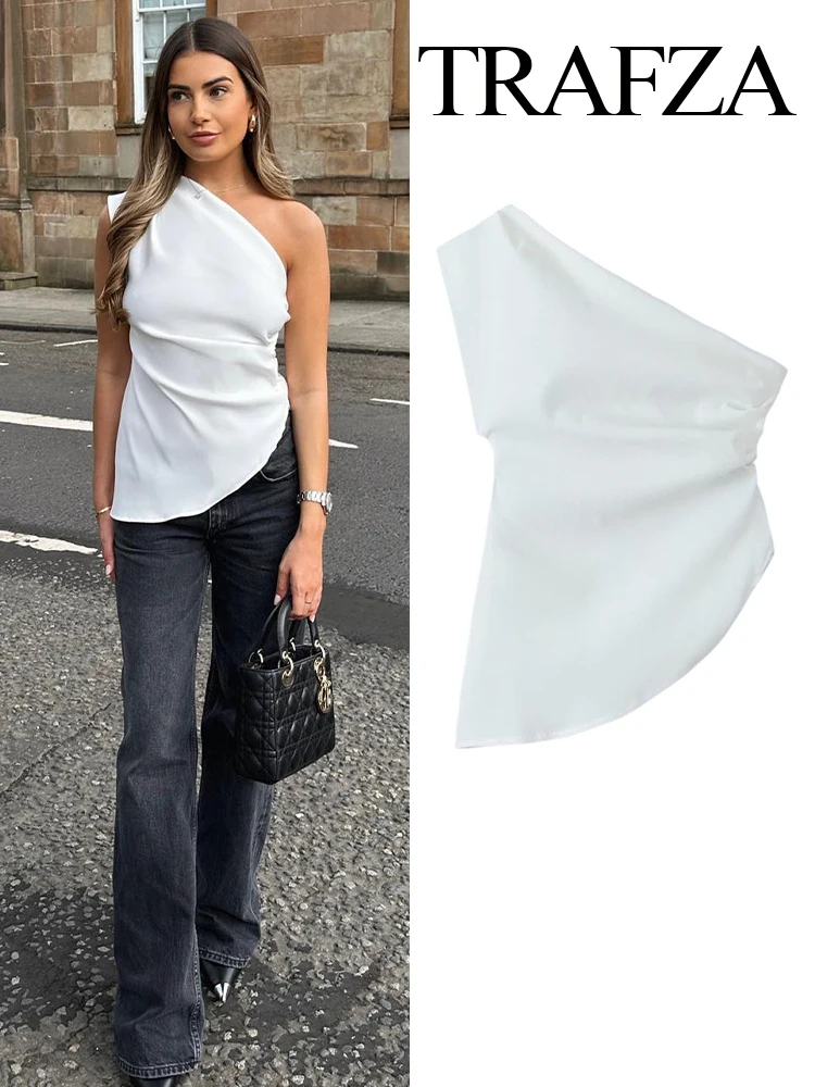 

TRAFZA Summer Female Elegant Strapless Asymmetric Corset Tops Ruched Top Side Zipper Lady Slim Sexy Camis Women Solid Chic Tops