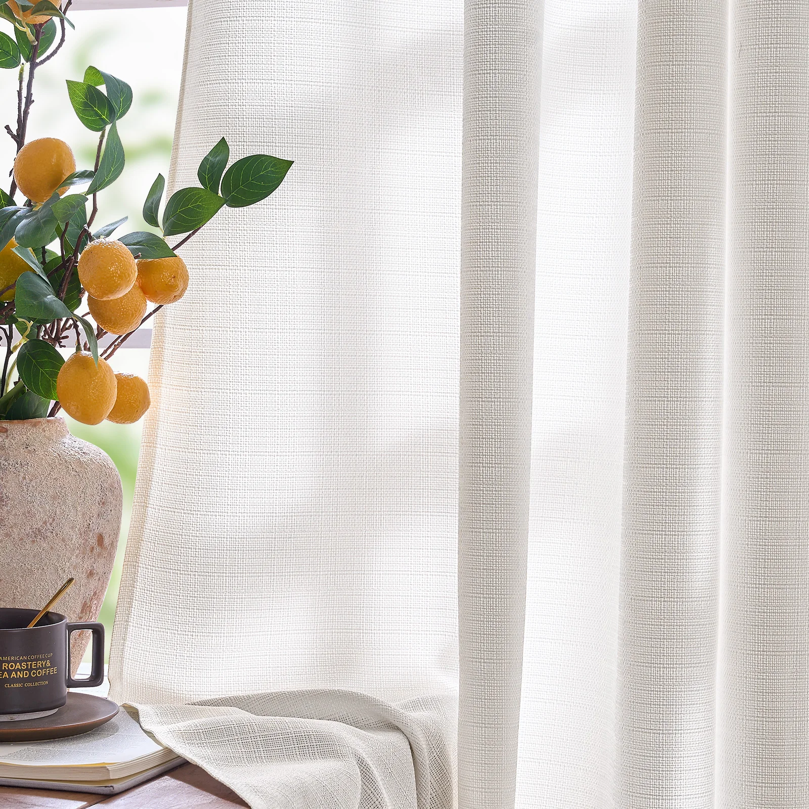 Solid Linen Texture Window Curtains Light Filtering Drapes Pair for Living Room Bedroom