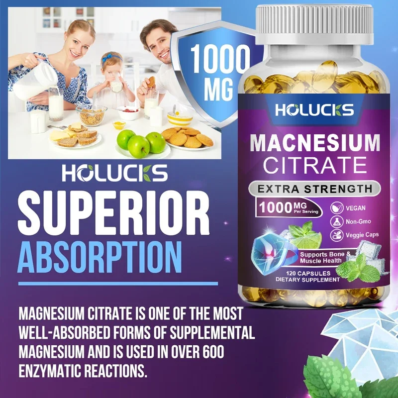 Citrato de magnésio 1000mg - Absorção máxima de suporte para a saúde muscular, nervo, osso e coração, cápsulas complexas de citrato de alta absorção