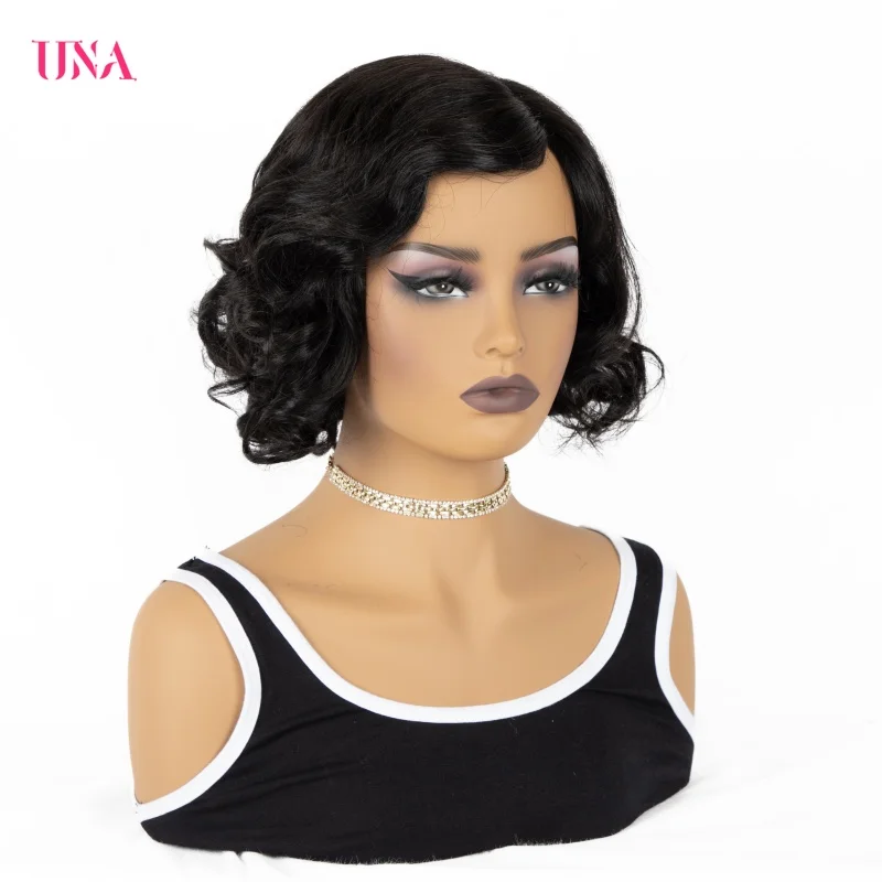 Una Short Women Wig Human Hair Curly Wig With Hand Made Natural Lace Hair Line Side Part Lace  Human Hair Wigs